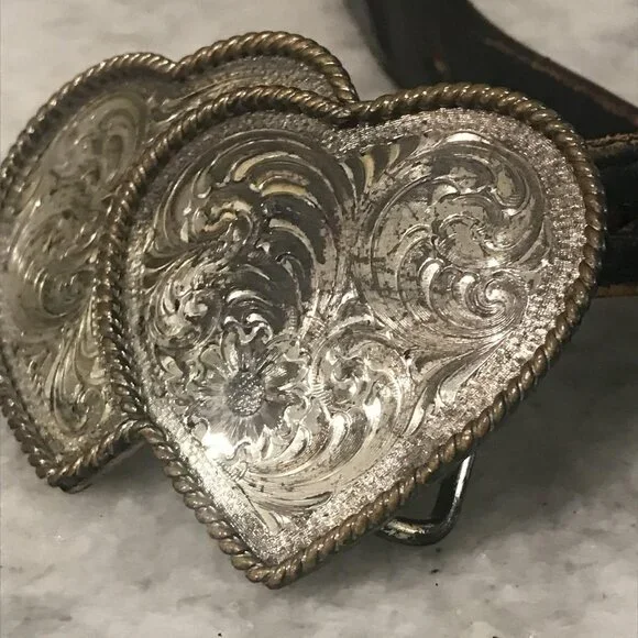 Dan Post Belt Women 32 Black Brown Cowhide Double Heart Buckle Western Rodeo USA - Picture 3 of 10